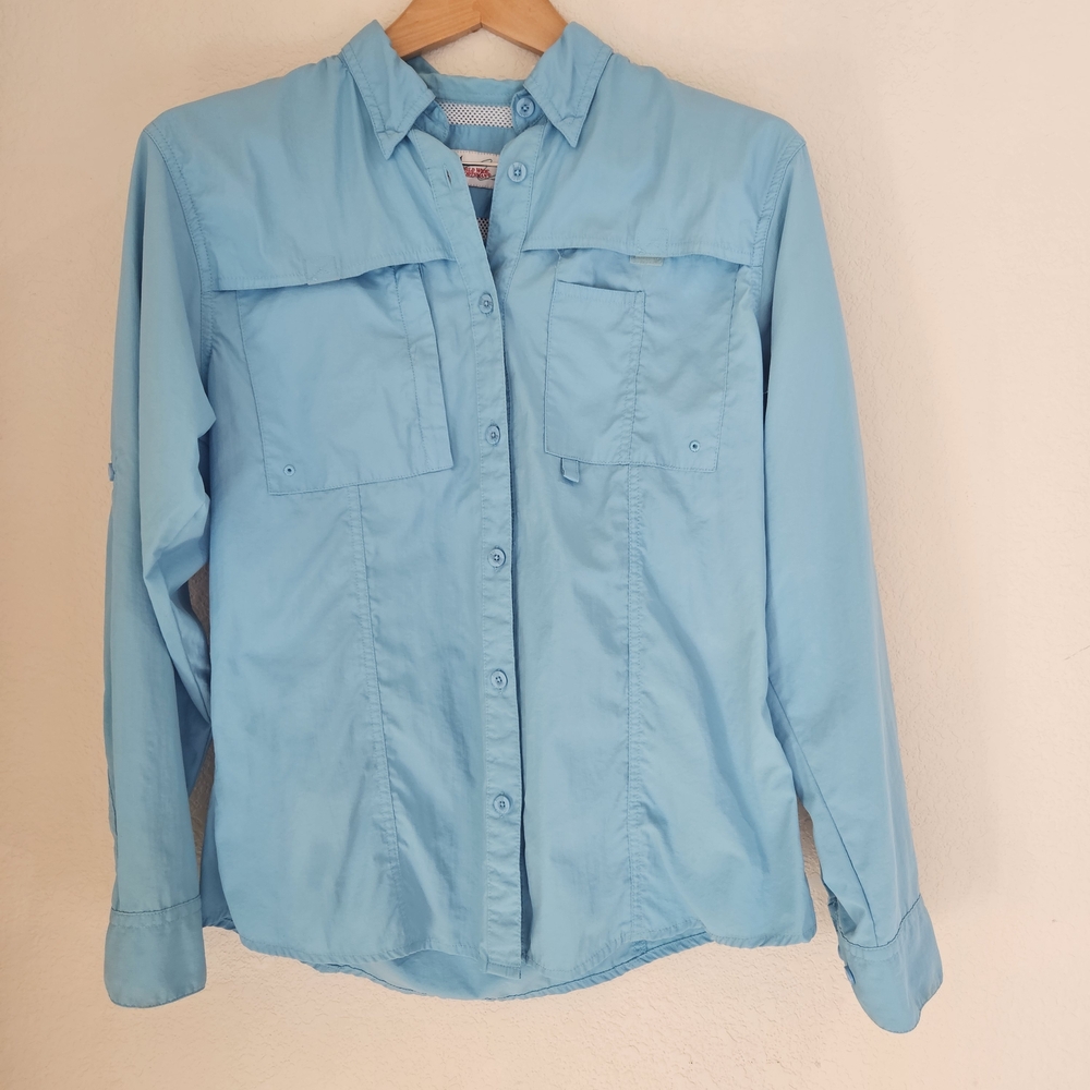 WORLD WIDE SPORTSMAN WOMENS BLUE LONG SLEEVE BUTTON UP VENTED FISHING SHIRT SZ M
